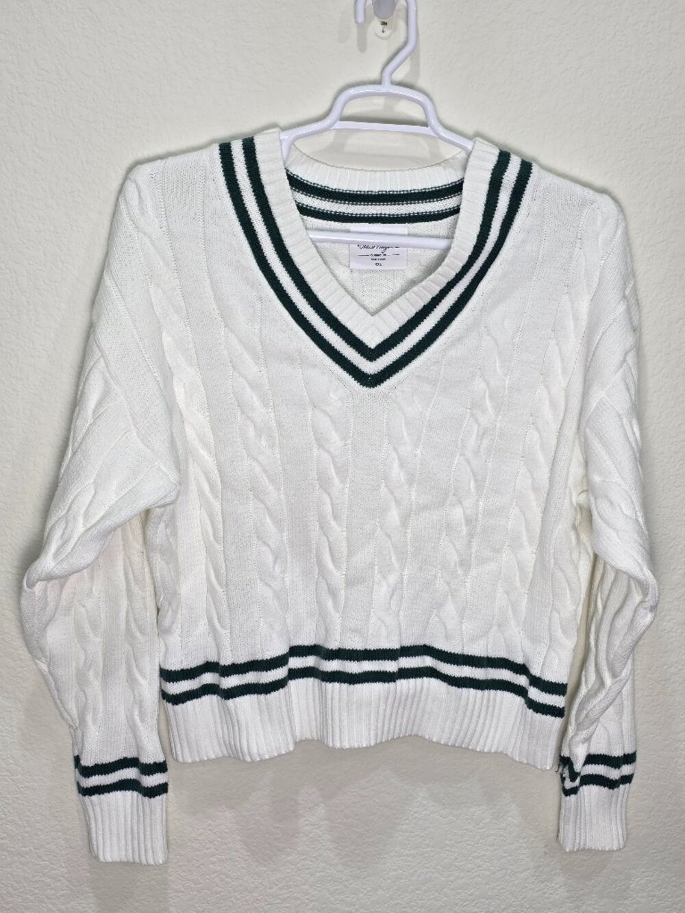 Walter Hagen Clubhouse Cable Knit V-Neck Cricket Sweater White Green XXL Flaw